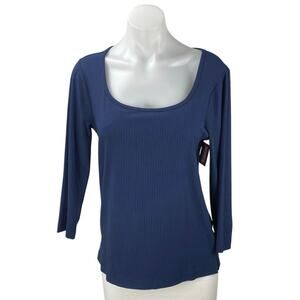 NEW Spanx Women's Navy Blue Scoop Neck Ribbed Knit Long Sleeve T Shirt Tee Top L
